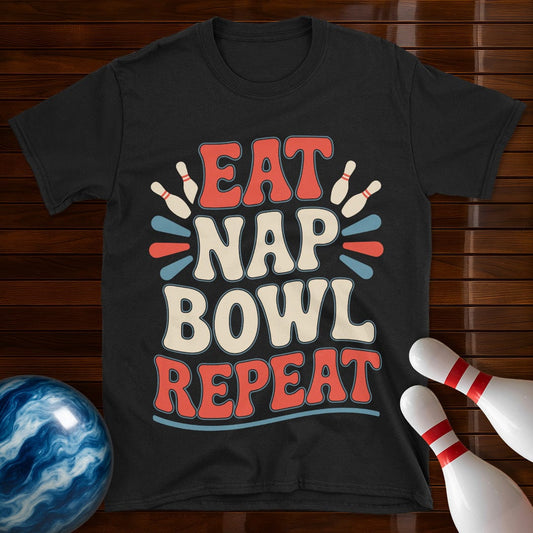 Eat Nap Bowl Repeat Retro Bowling Shirt