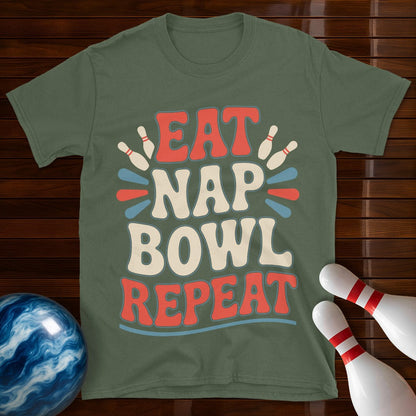 Eat Nap Bowl Repeat Retro Bowling Shirt