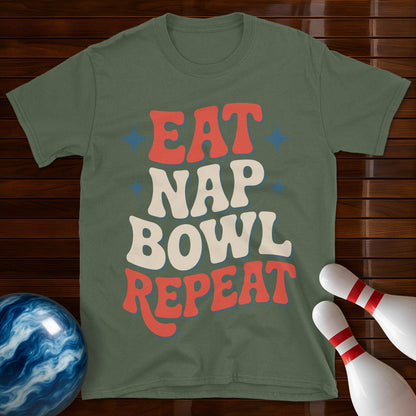 Eat Nap Bowl Repeat Retro Bowling Tee